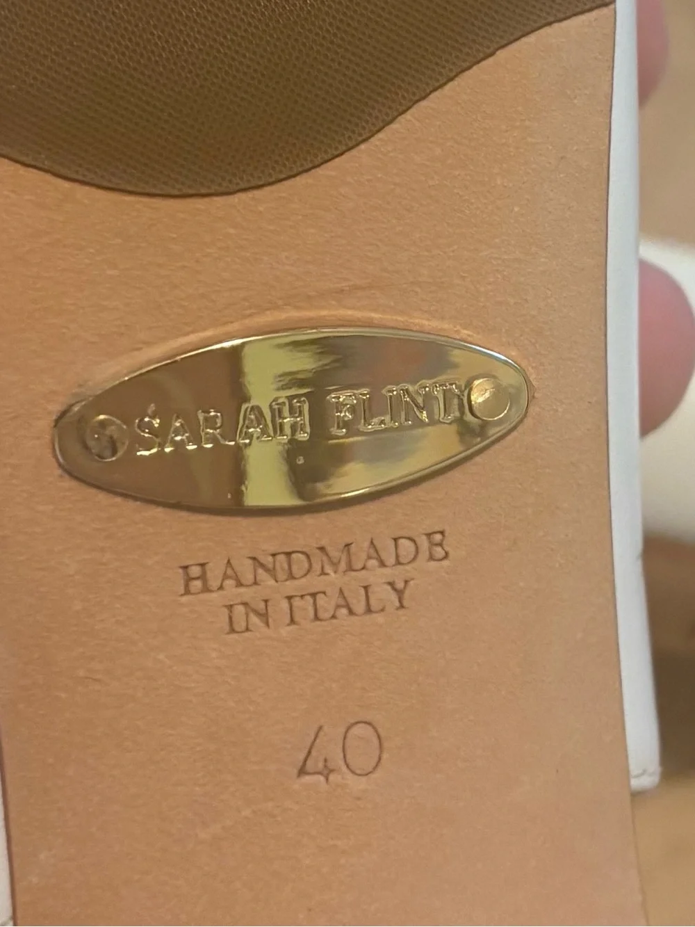 Sarah Flint White Pointed-Toe Slingback Pumps with Patterned Block Heel-Size 9
